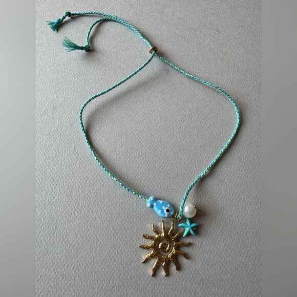 Sun Charm Necklace with Blue fish M541 - Picture 3 of 4